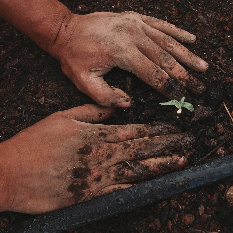 Manos plantando un pequeño plantón en la tierra