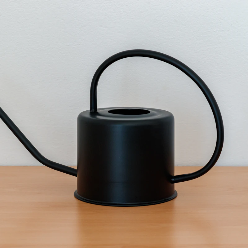 Regadera negra moderna sobre una mesa de madera