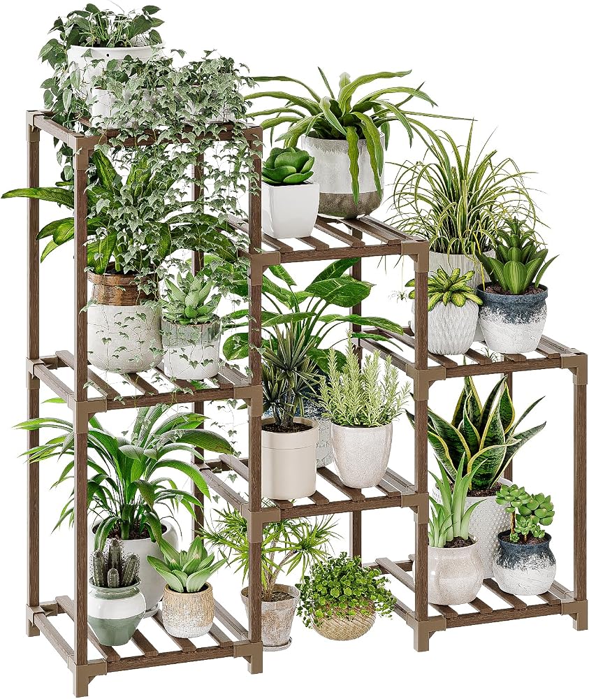 Soporte escalera de madera para macetas con plantas